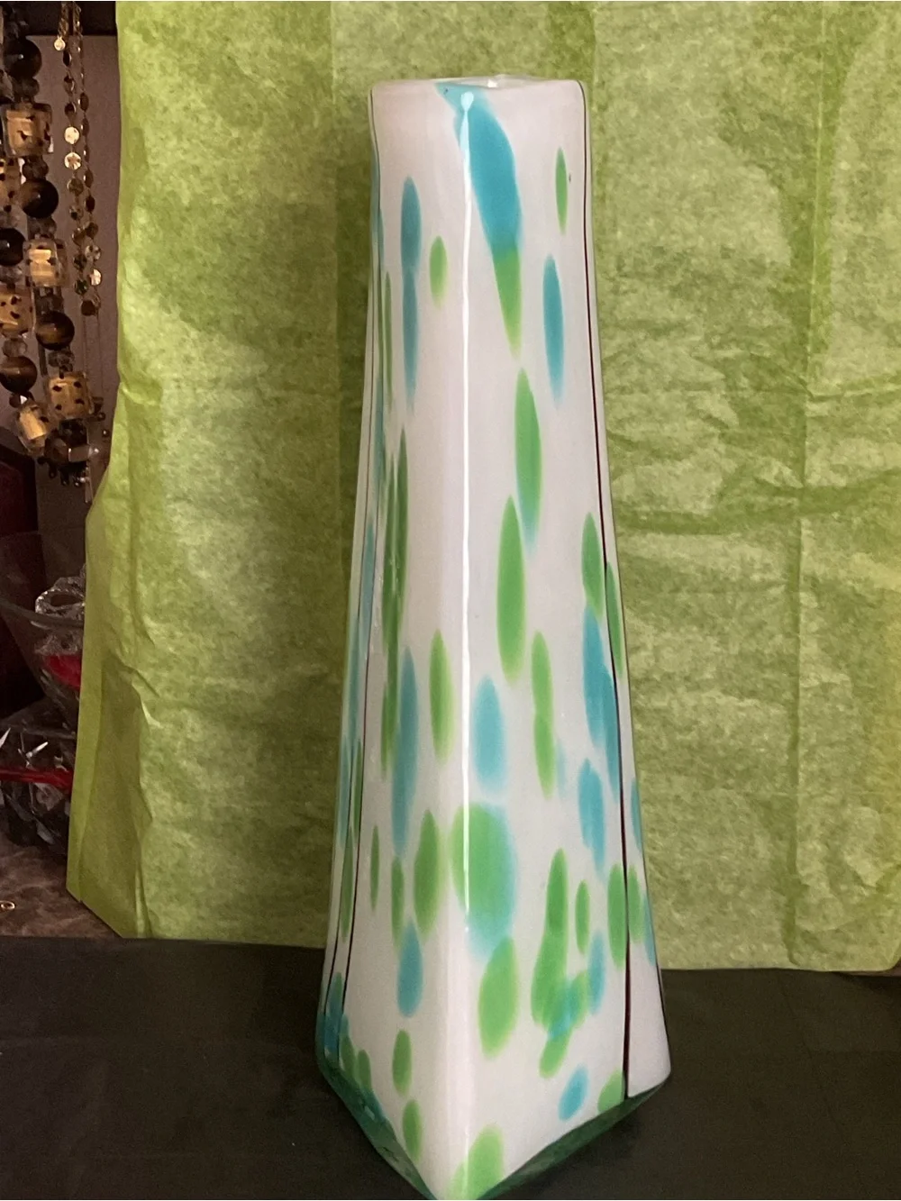 Global Views White Ceramic Vase with Aqua and Lime Green Spots
